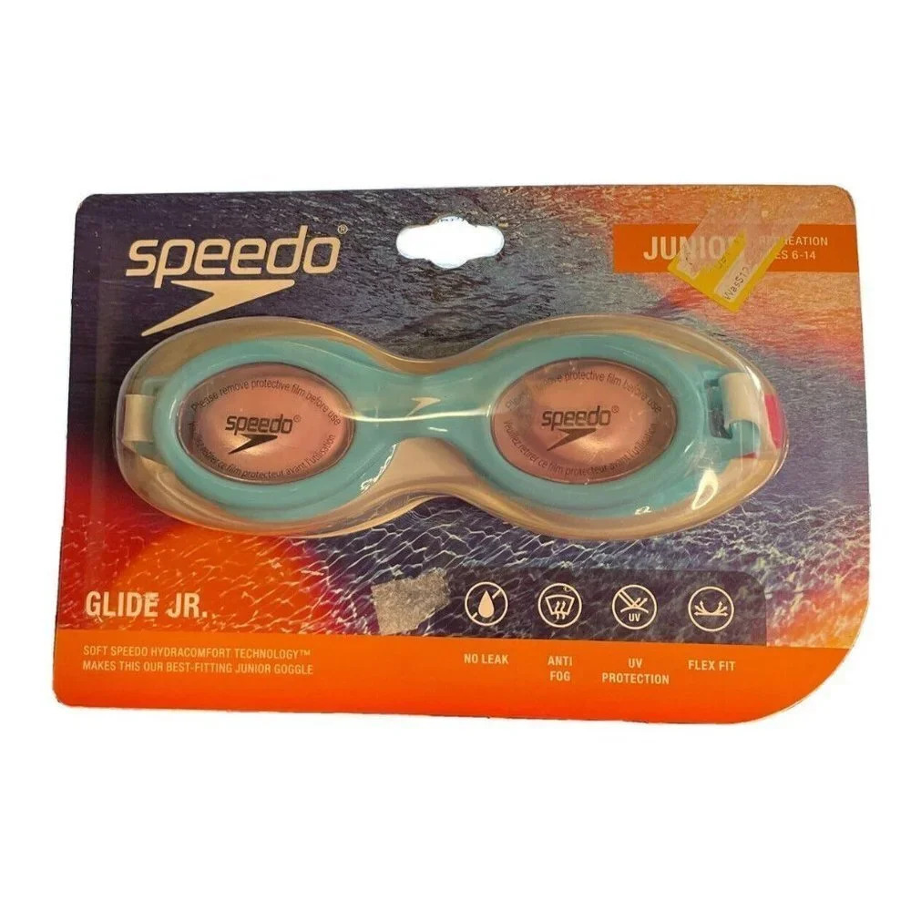 Speedo Swimming JR. Glide Print Baby Blue Pink‎ Goggles Ages Junior 6-14 NEW